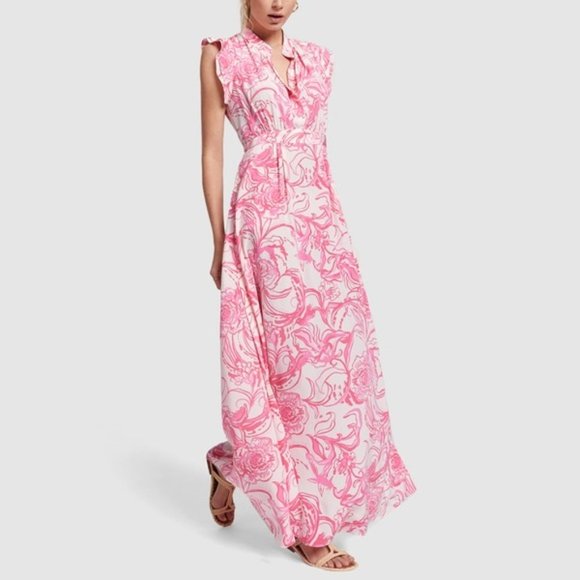 Lilly Pulitzer Dresses & Skirts - Lilly Pulitzer x Goop White Pink Floral Kiss Kiss Palm Beach Silk Maxi Dress